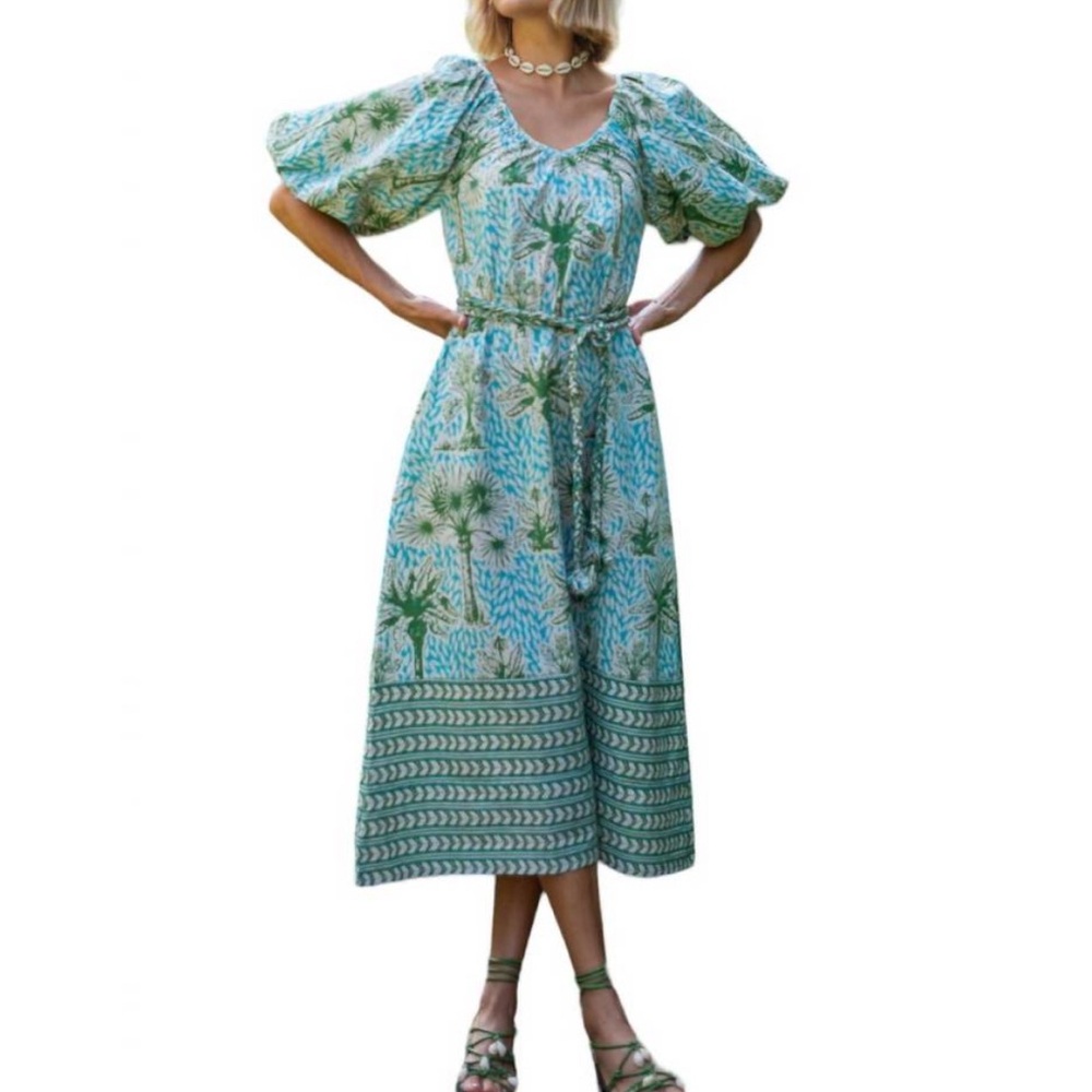 OLIVIA JAMES-Green Penny Island Palm Patterned Midi Dress